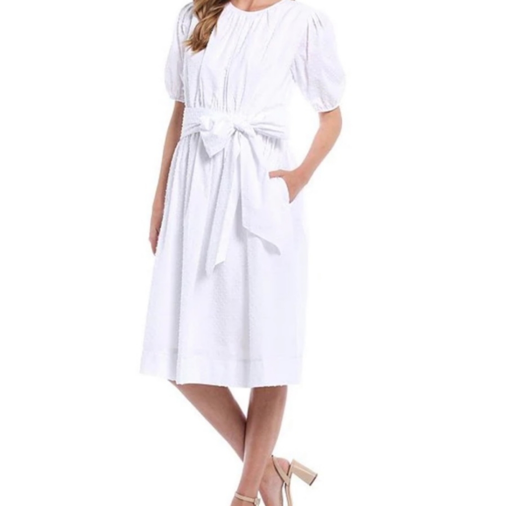 Ldt Connie Dotted Tie Front Short Sleeve Blouson Midi Dress